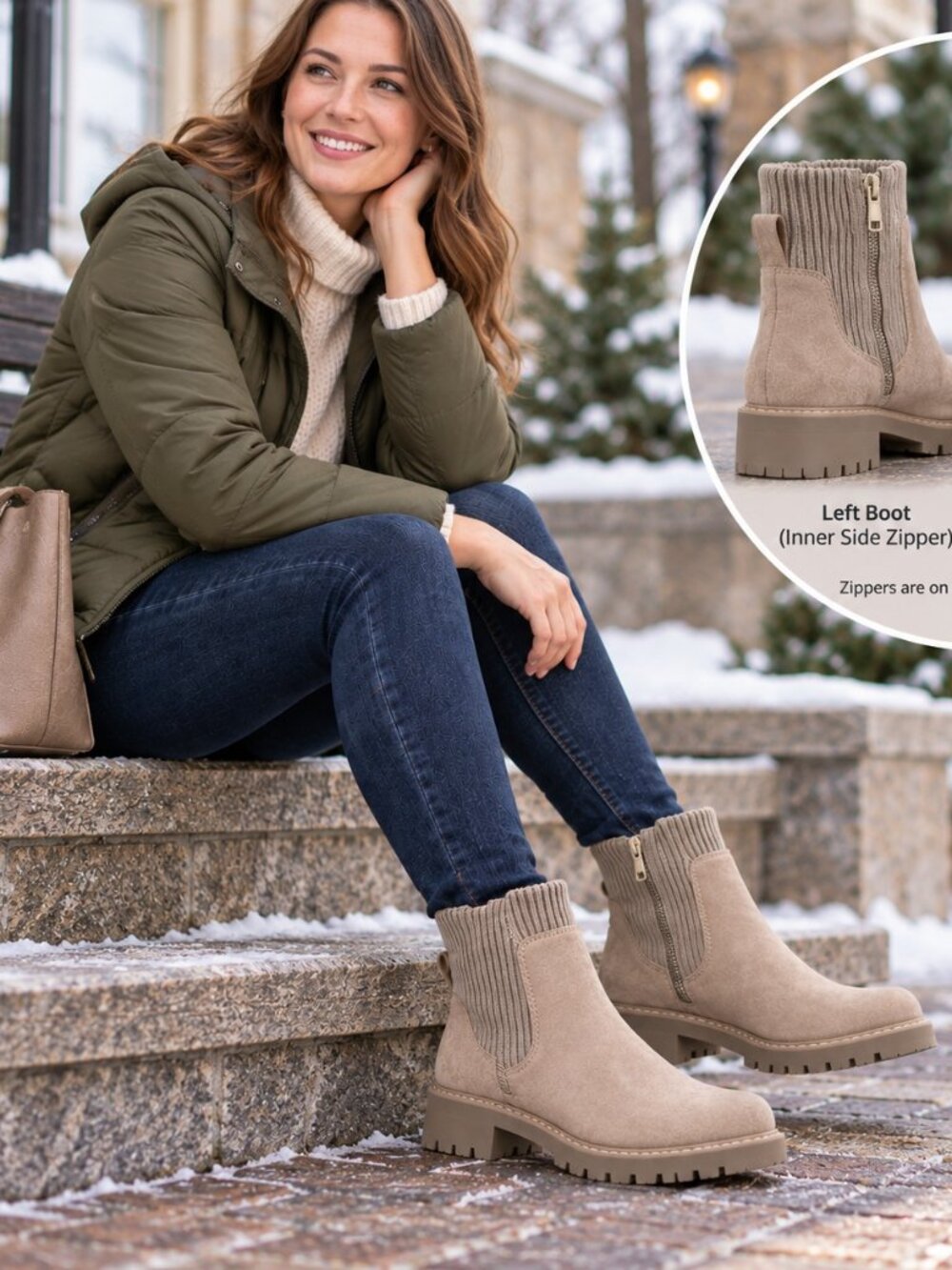 Suede Booties Lug Sole Womens Winter Boots Taupe Stretch Side Zip NOBO Size 9